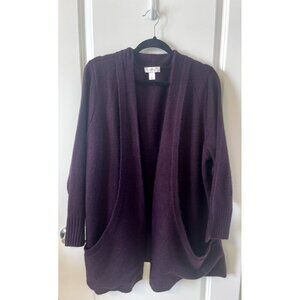 CJ BANKS Open Front Cardigan Dark Purple Stretch Knit 2X Plus Oversized pockets
